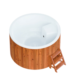 Bain nordique électrique rond Polarspa Elite 200 avec habillage en bois thermo-traité.