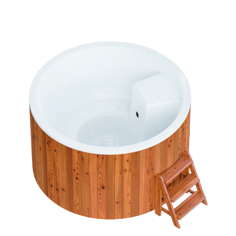 Bain nordique électrique rond Polarspa Elite 200 avec habillage en bois thermo-traité.