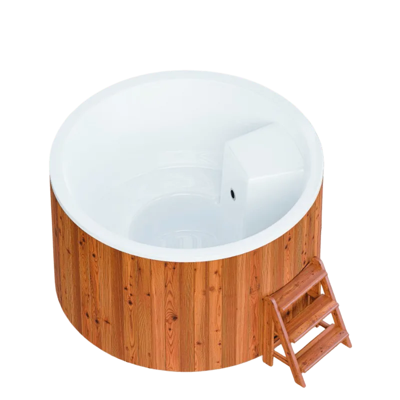 Bain nordique électrique rond Polarspa Elite 200 avec habillage en bois thermo-traité.