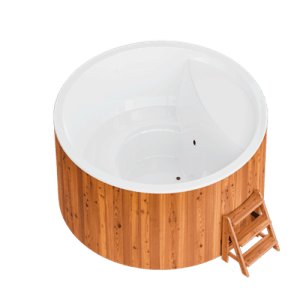 Bain nordique électrique Elite 220 avec habillage bois et escalier d'accès 2 marches.