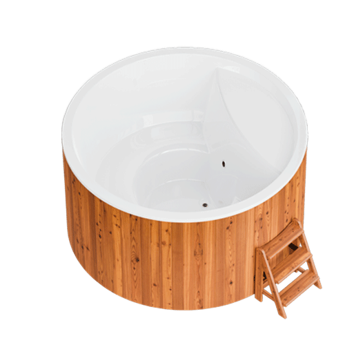Bain nordique électrique Elite 220 avec habillage bois et escalier d'accès 2 marches.