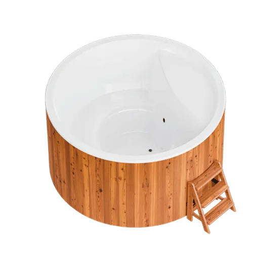 Bain nordique électrique Elite 220 avec habillage bois et escalier d'accès 2 marches.