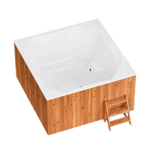 Bain nordique électrique Elite Quattro 200 de forme carrée avec habillage bois et escalier.