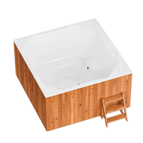 Bain nordique électrique Elite Quattro 200 de forme carrée avec habillage bois et escalier.