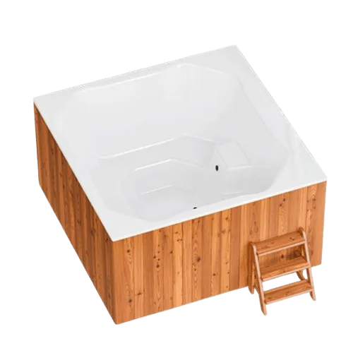 Bain nordique électrique Elite Quattro 200 de forme carrée avec habillage bois et escalier.