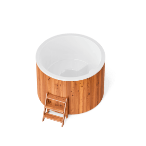 Bain nordique rond Confort 160 Cold – vue extérieure de la cuve ronde en bois et gelcoat blanc