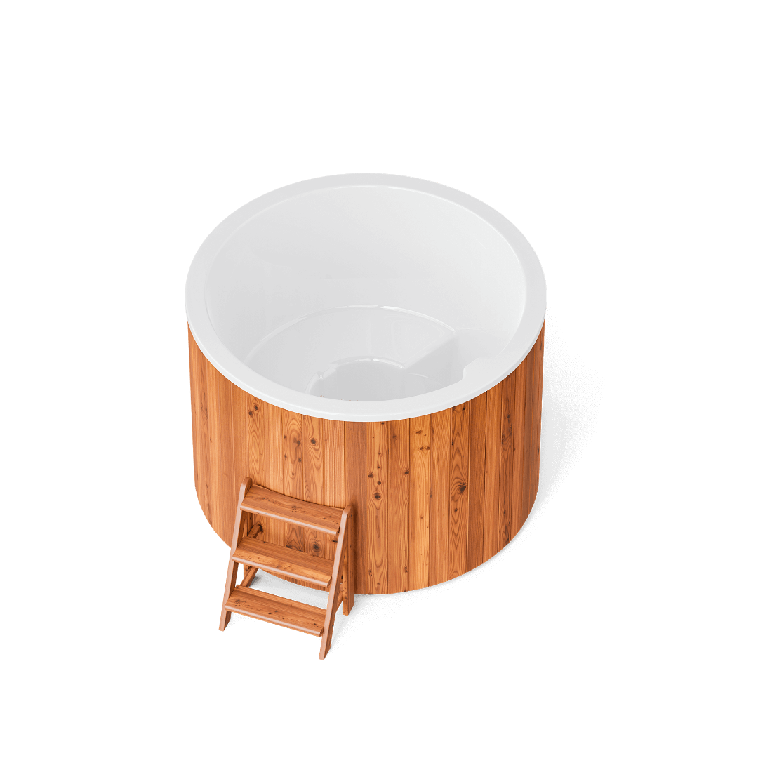 Bain nordique rond Confort 160 Cold – vue extérieure de la cuve ronde en bois et gelcoat blanc