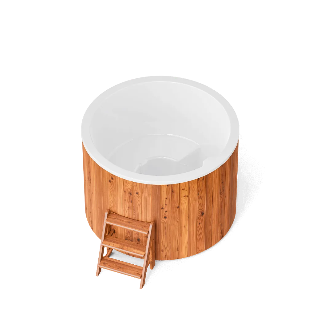 Bain nordique rond Confort 160 Cold – vue extérieure de la cuve ronde en bois et gelcoat blanc