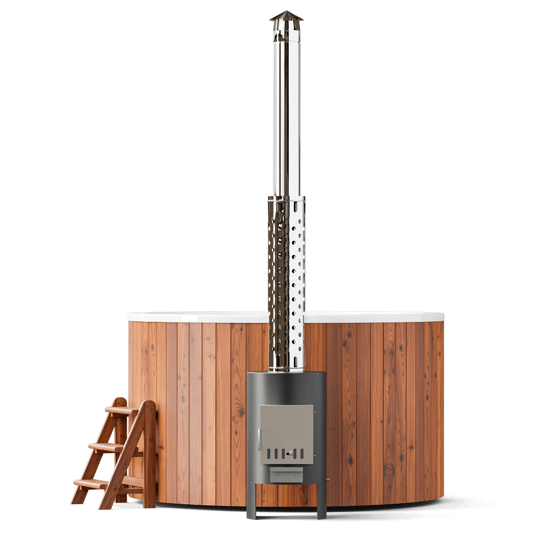 Grand bain nordique rond Comfort 195 Hot Tub avec habillage en bois et cuve blanche, idéal pour 4 à 6 personnes.