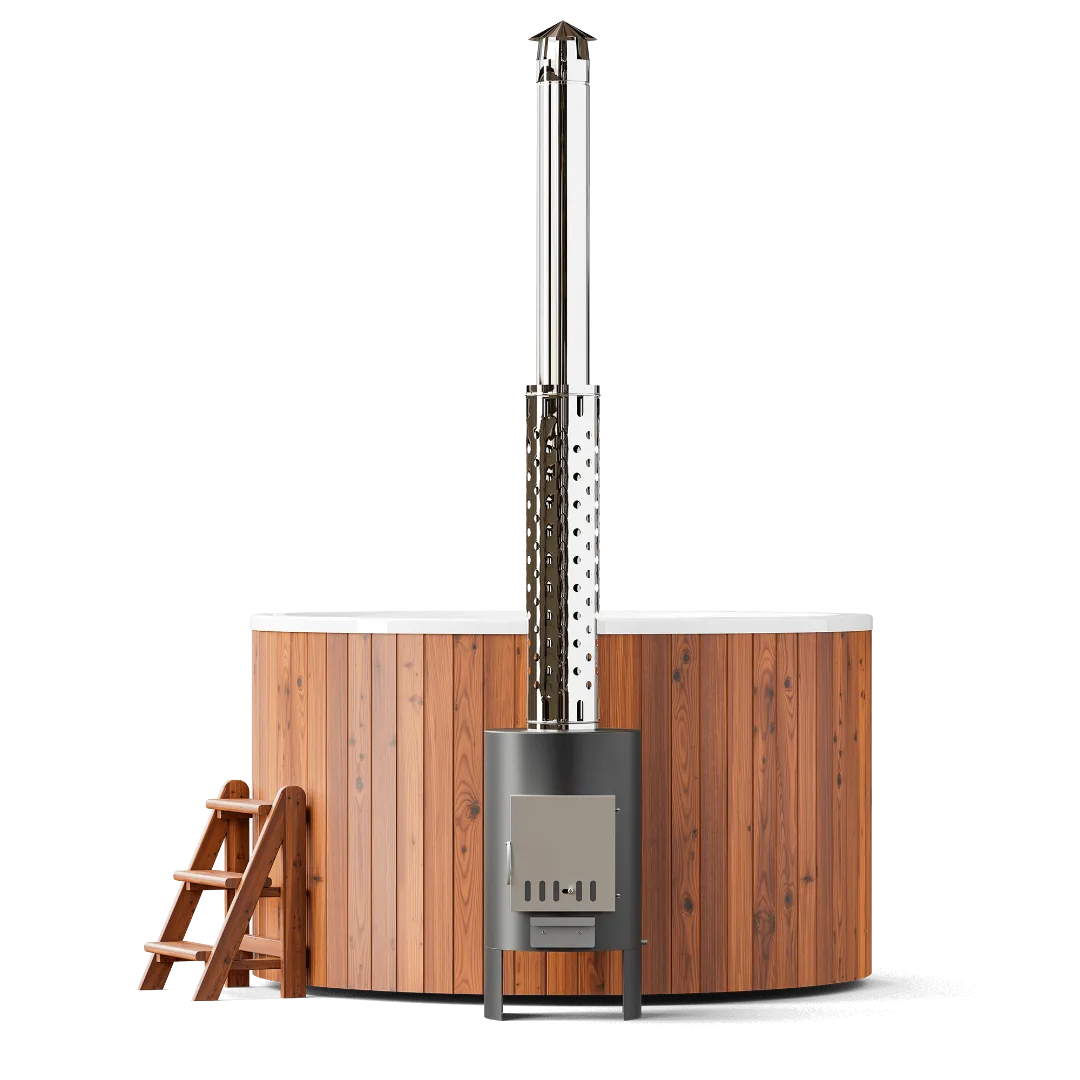 Grand bain nordique rond Comfort 195 Hot Tub avec habillage en bois et cuve blanche, idéal pour 4 à 6 personnes.