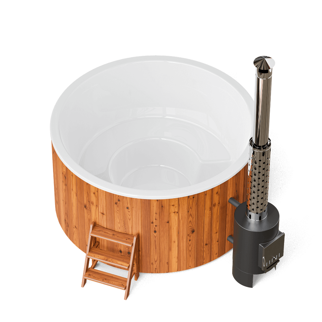 Vue plongeante du grand bain nordique Comfort Family 220 Hot Tub montrant l'assise circulaire pour 8 personnes et la cuve blanche.