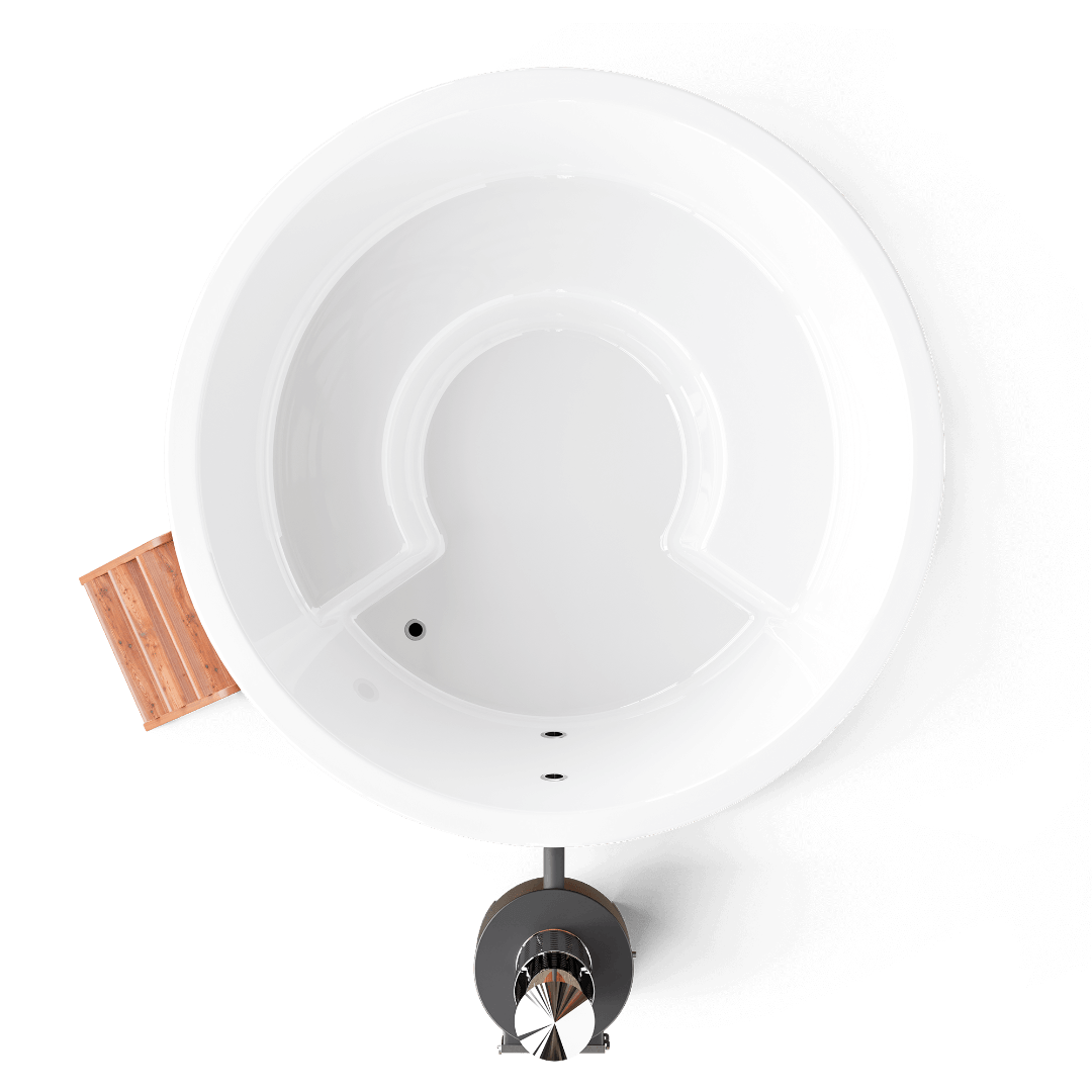Vue zénithale de la grande cuve ronde blanche de 220 cm du bain nordique Family 220 avec assise ergonomique pour 6 à 8 personnes.