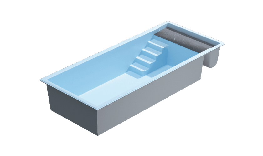 Vue 3D de la piscine coque Divine 80, un bassin rectangulaire de 8 mètres.