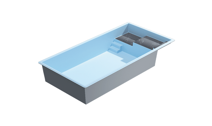 Vue 3D de la piscine coque Etonnante 85 avec sa plage de détente immergée.