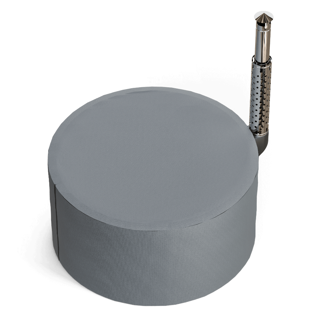 Vue globale de la housse de protection grise ajustée sur un bain nordique Polarspa.