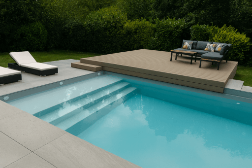 Piscine coque xl moderne avec terrasse en bois et eau turquoise