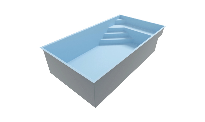 Vue 3D de la piscine coque Levant 8 avec son escalier roman centré.