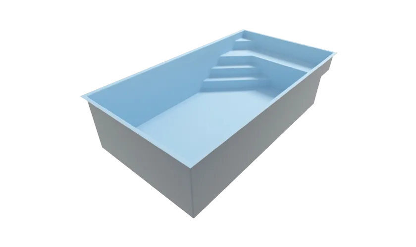 Vue 3D de la piscine coque Levant 8 avec son escalier roman centré.