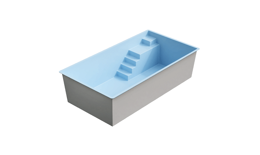 Modélisation 3D de la piscine coque Callelongue avec escalier d'angle arrondi.