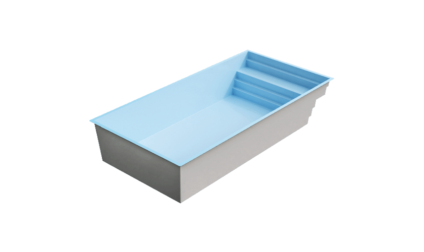Vue 3D de la piscine coque Inizan avec son escalier latéral et sa banquette.