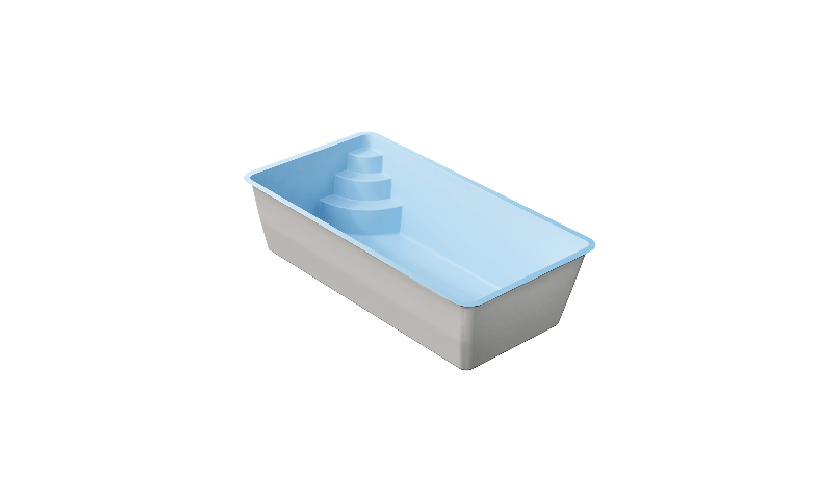 Vue 3D de la piscine coque Méjean avec son escalier d'angle arrondi.