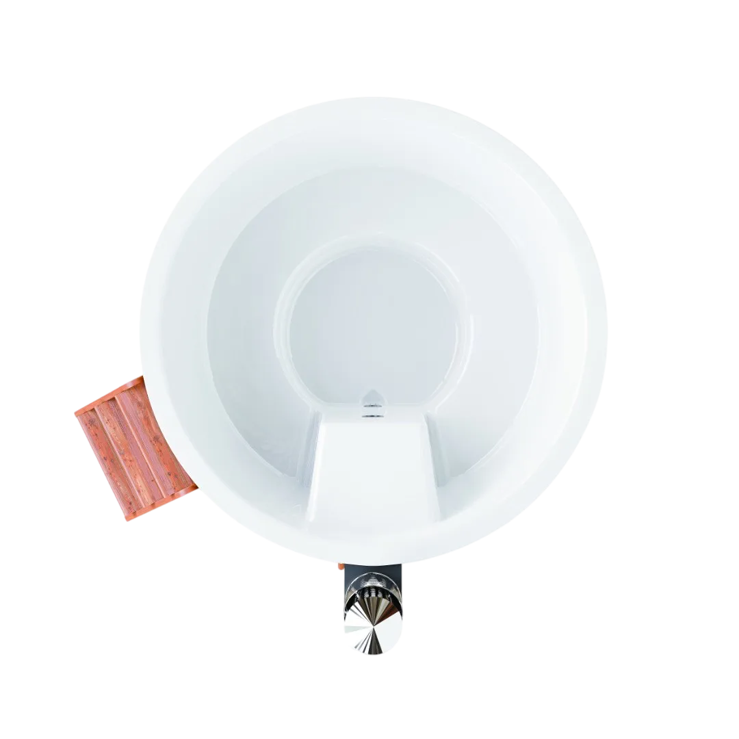 Vue de dessus du bain nordique Elite 180 montrant l'assise circulaire ergonomique et le compartiment sécurisé du poêle interne.