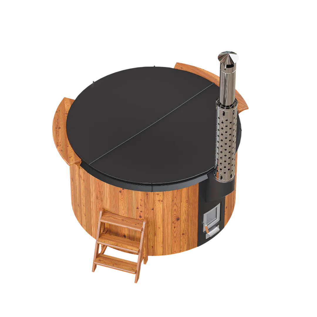 Bain nordique Elite 180 Hot Tub fermé avec son couvercle thermique isolant noir haute densité en vue de trois-quarts.