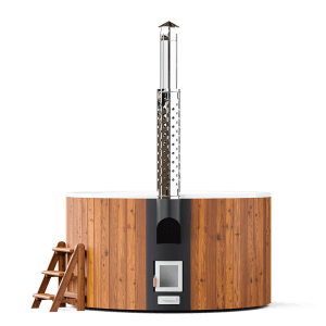 Bain nordique Premium Elite 200 Hot Tub avec habillage en bois thermotraité et poêle interne intégré avec vitre.