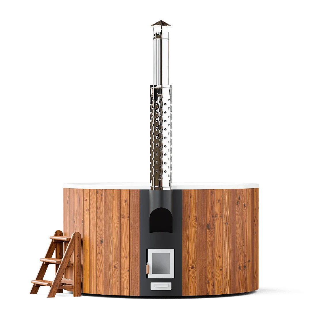 Bain nordique Premium Elite 200 Hot Tub avec habillage en bois thermotraité et poêle interne intégré avec vitre.