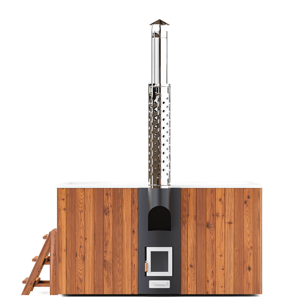 Bain nordique carré ELITE QUATTRO 200 avec poêle à bois intégré et habillage en bois thermo-traité.