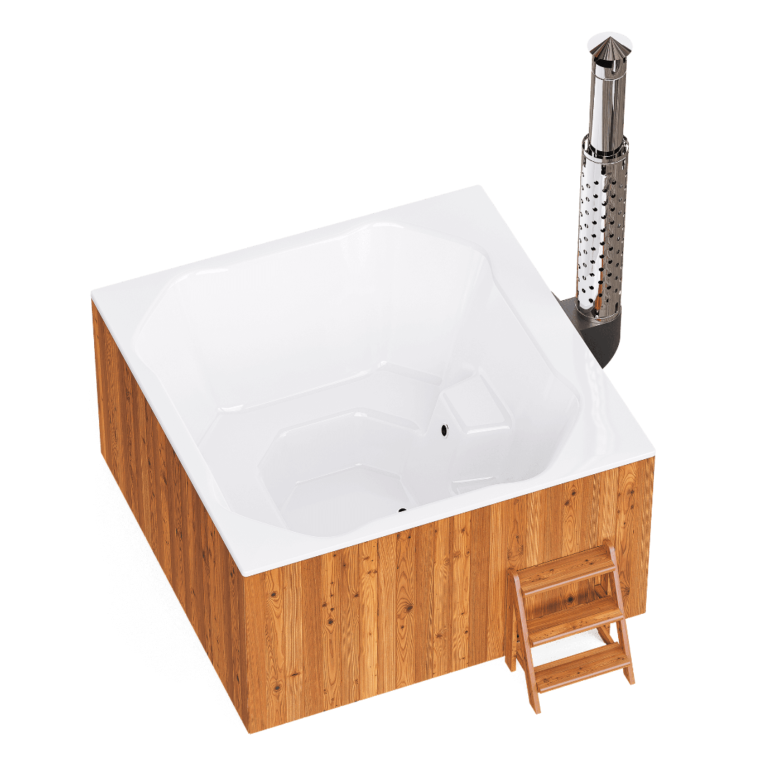 Vue de dessus de la cuve carrée ergonomique blanche et du poêle à bois intégré du bain nordique Elite Quattro 200.
