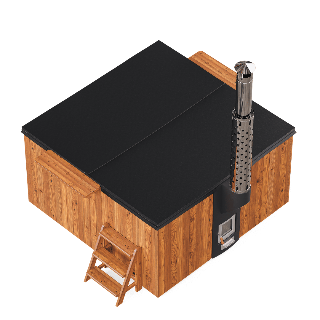 Bain nordique carré Elite Quattro 200 avec couvercle thermique isolant noir et poêle à bois.