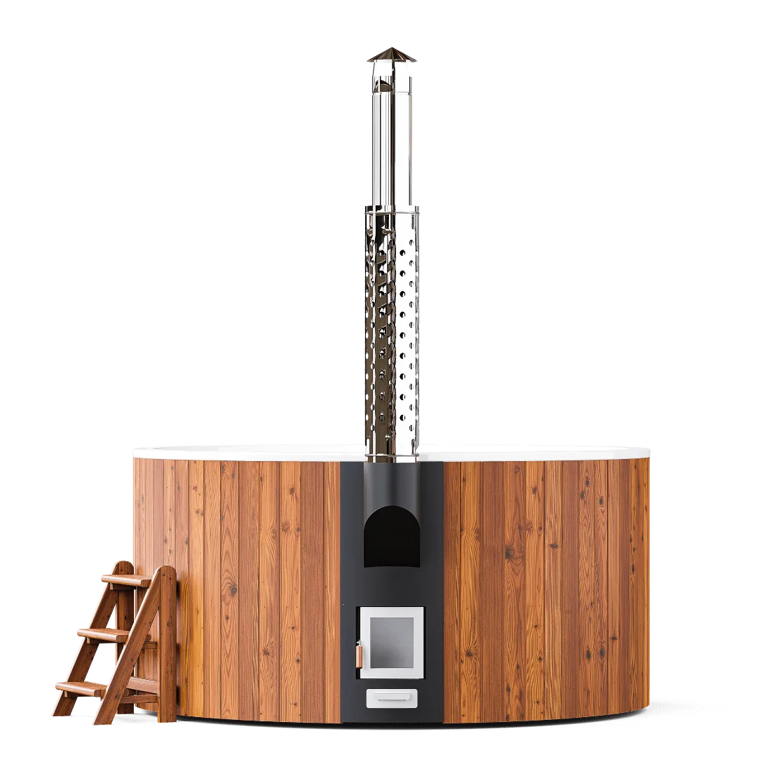 Bain nordique familial Premium Elite 220 Hot Tub pour 6 à 8 personnes avec poêle interne inox et habillage bois thermotraité.