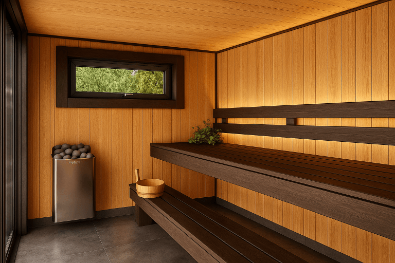 Sauna en bois clair avec éclairage chaleureux, espace détente moderne