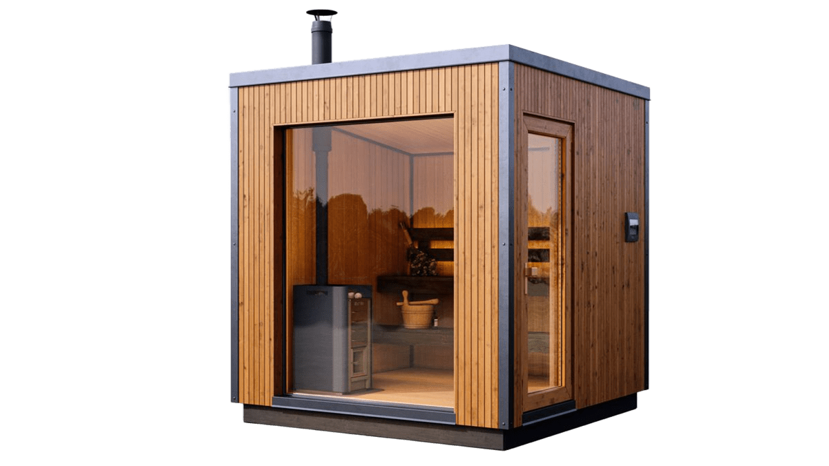 Sauna extérieur moderne PolarSpa Light L2 en bois thermotraité avec grande façade vitrée panoramique.