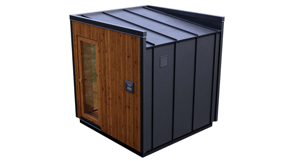 Vue arrière du sauna extérieur PolarSpa Light L2 montrant le bardage en bois Thermokiefer et la structure robuste.