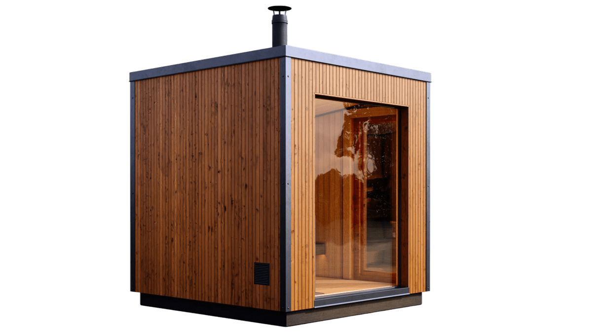Sauna extérieur PolarSpa Light L2 en bois thermotraité avec conduit de cheminée en inox pour poêle à bois.