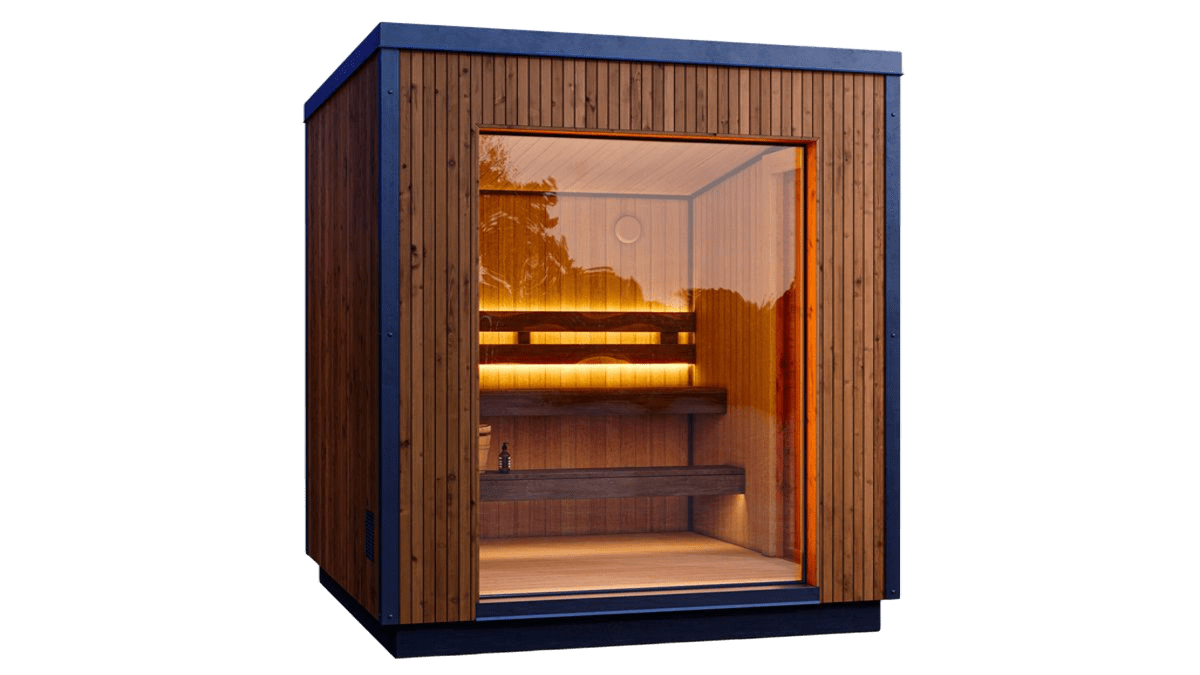Sauna extérieur design PolarSpa Light L2 avec poêle électrique Harvia et éclairage LED chaleureux sous les bancs.