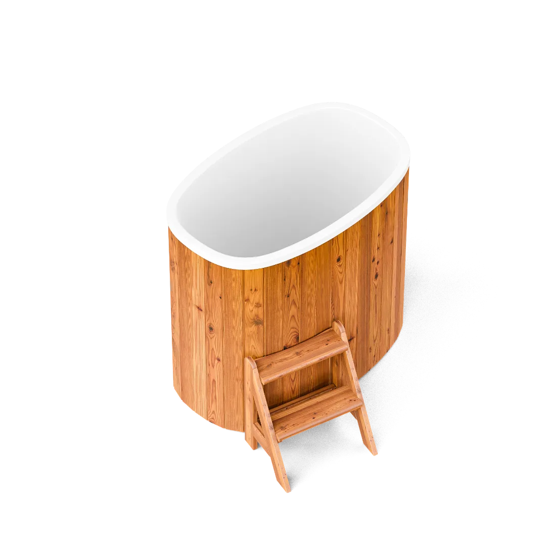Bain nordique individuel Standart 79 Cold Tub en composite stratifié blanc avec habillage bois thermo-traité.