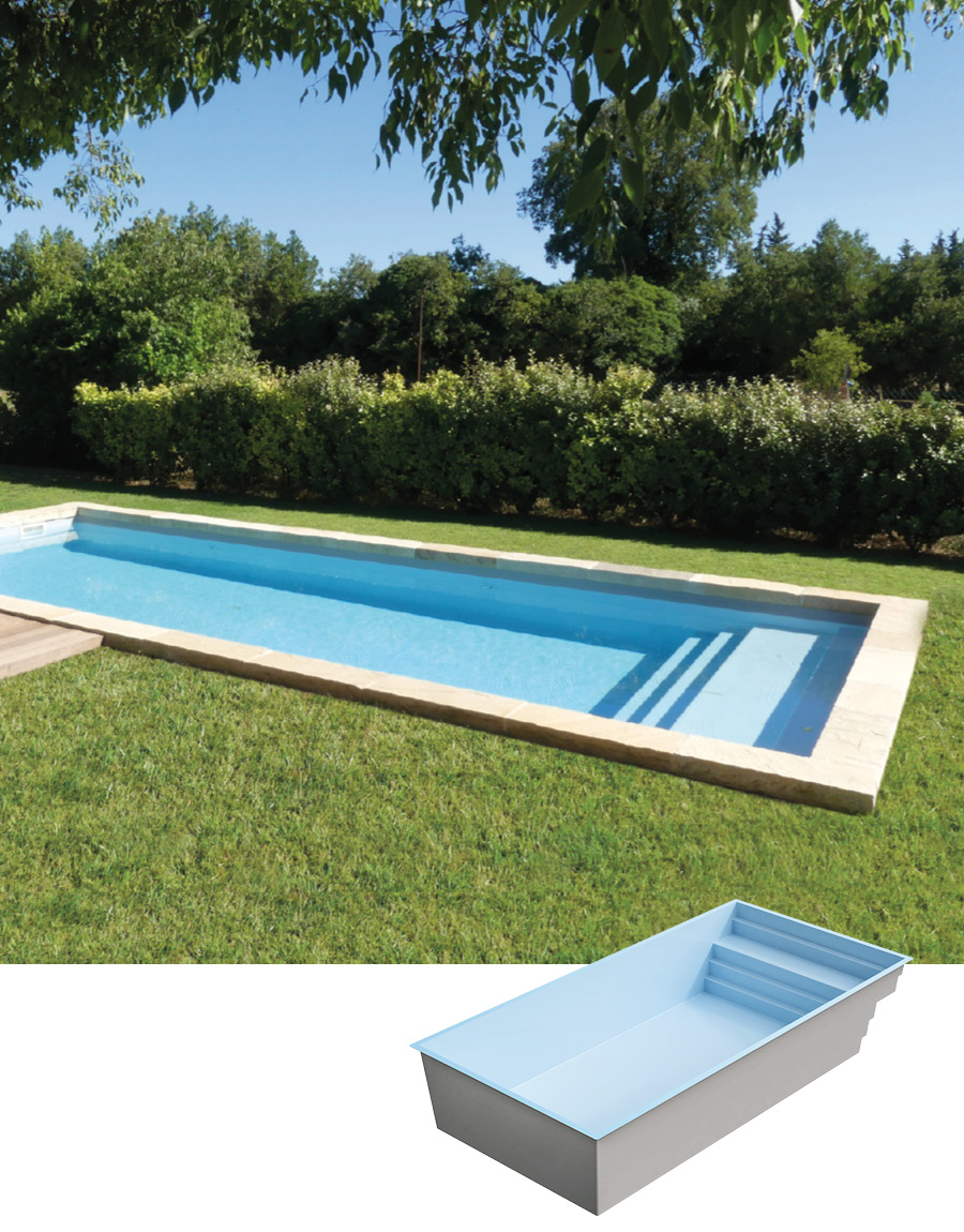 Piscine coque Bendor rectangulaire à fond plat installée dans un jardin