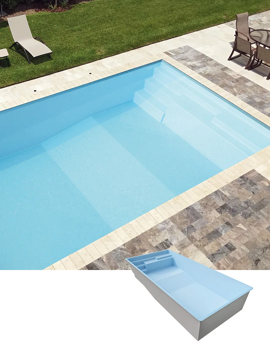 Piscine coque Cala à double profondeur, banquette intégrée et escalier latéral — modèle Génération Piscine