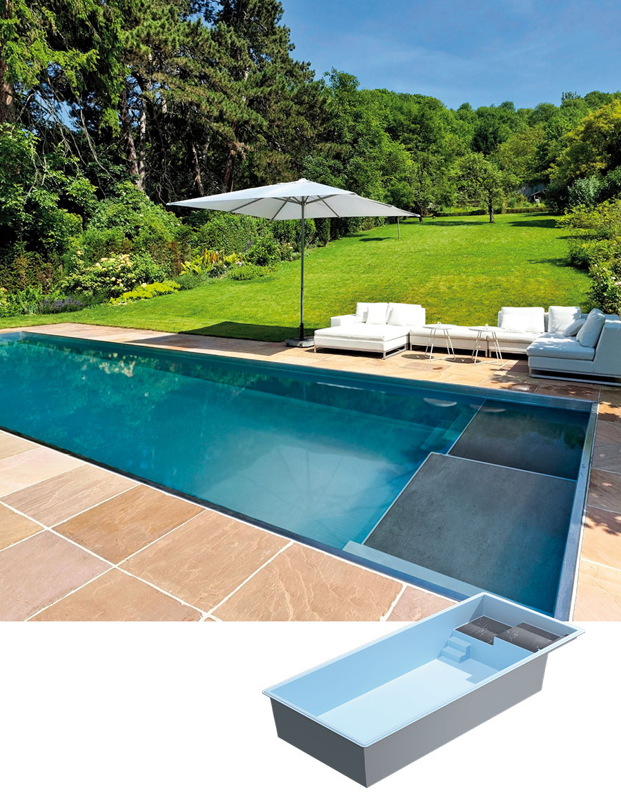 Piscine coque Étonnante 95 avec plages en grès cérame et bassin 9,50×4,10 m