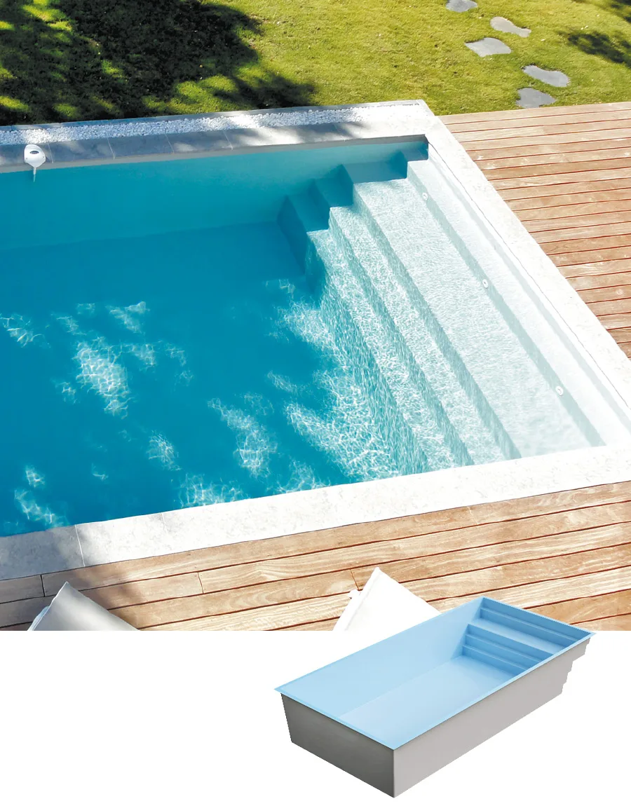 Piscine coque Fontagne 6x3,5 m à fond plat avec escalier et banquette intégrée