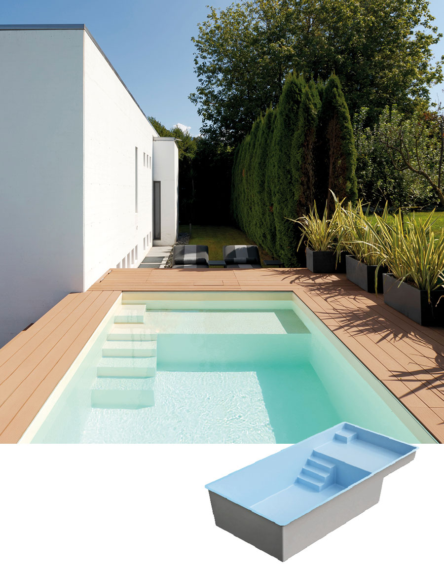 Piscine coque PRADO PLAGE S avec fond plat et plage immergée – Génération Piscine