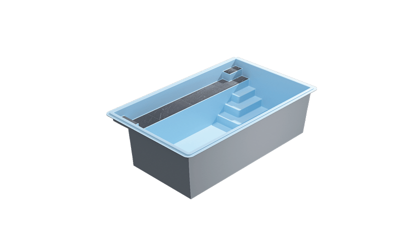 Vue 3D de la piscine coque Charmante avec banquette intégrée.