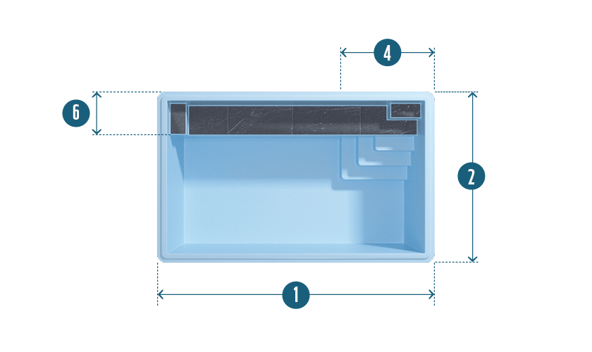 Plan technique de la piscine compacte Charmante (5m x 3m).