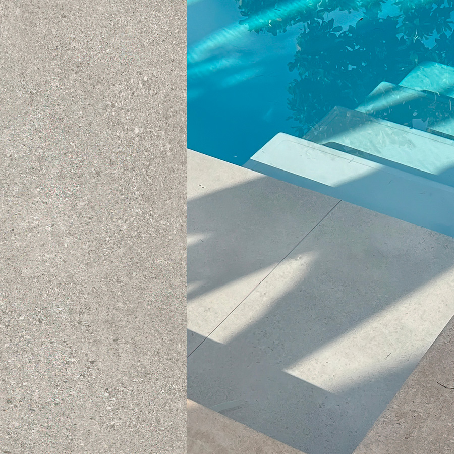 Détail de la finition Florac en grès cérame pour margelle de piscine.