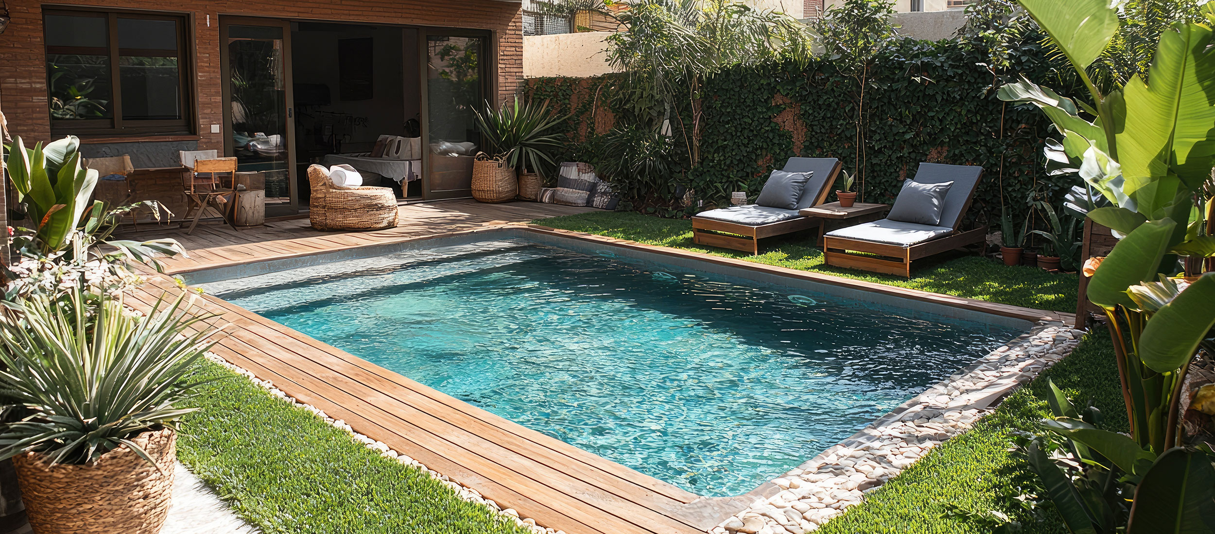 Mini Piscine coque entourée de transat dans un jardin arboré.