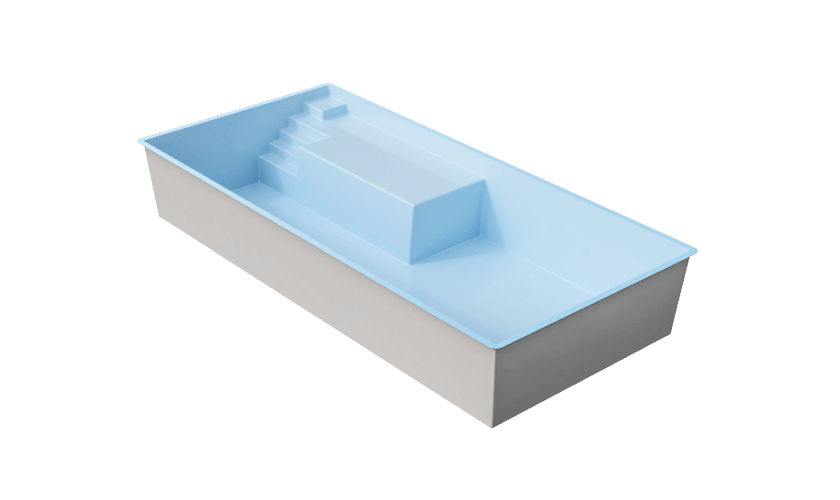 Modélisation 3D de la piscine coque Carry Plage avec rendu de l'eau bleue et de l'immense plage de détente.