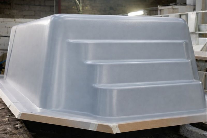 Étape de stratification avec application de fibres de verre sur une piscine coque.